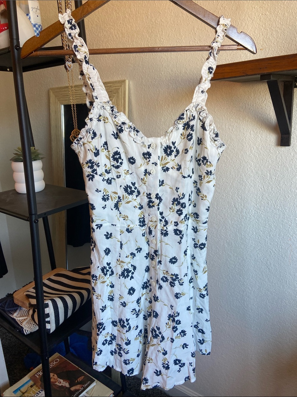Urban Outfitters White Floral Romper with Navy and Mustard Print